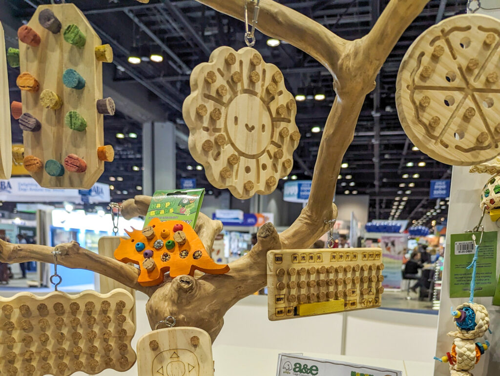Several wooden toys for birds with cork buttons (Corky Crunchers)