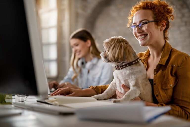 Happy businesswoman working on desktop PC while holding her dog in the office | 10 Ways to Refresh Your Content for SEO Optimization