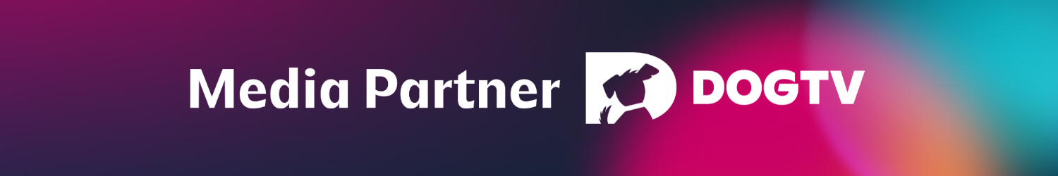 Image says "Media Partner: DOGTV" on a dark blue background with colored spotlights